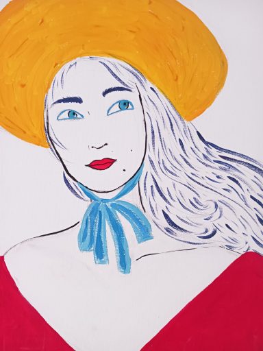 Peinture portrait femme au chapeau d'été, capeline, robe rouge Aimie Lisa (gouache)