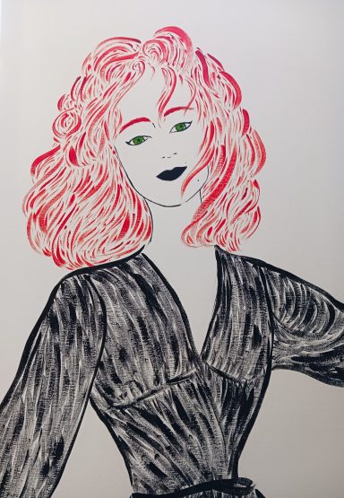 Peinture portrait femme rousse robe noire tendresse Aimie Lisa (gouache)