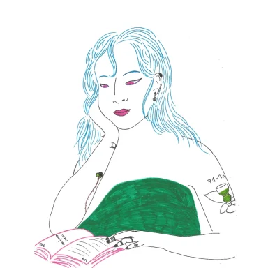 Portrait au feutre Aimie Lisa minimaliste femme tatoué cheveux bleus calme en train de lire