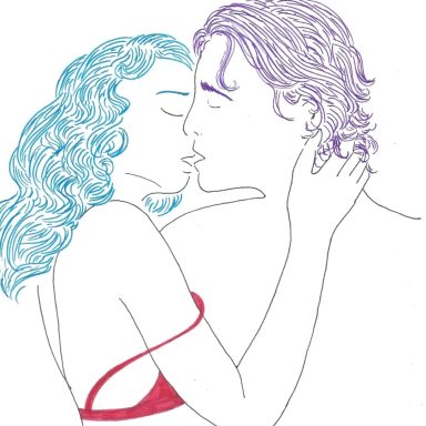 Portrait au feutre Aimie Lisa couple qui s'embrasse lingerie bisous jeune minimaliste