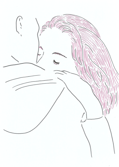 Portrait au feutre Aimie Lisa minimaliste couple câlin femme apaisée couple homme femme cheveux roses