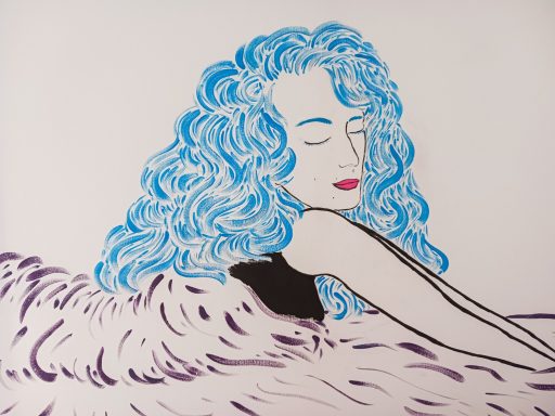Peinture portrait réveil femme dans un lit cheveux bleus Aimie Lisa (gouache)