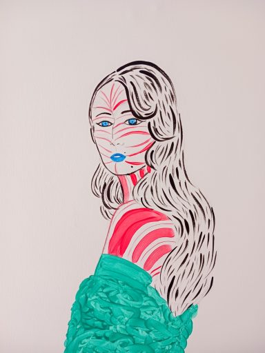 Peinture Portrait femme maori tatouage rouge robe verte Aimie Lisa (gouache)