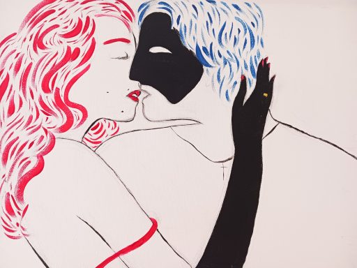 Peinture portait couple masqué sensuel lingerie cheveux rouge fantôme qui s'embrasse Aimie Lisa (gouache)