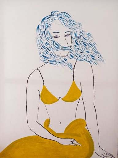 Peinture portrait sirène jaune cheveux bleus mystérieuse cheveux devant le visage Aimie Lisa (gouache)
